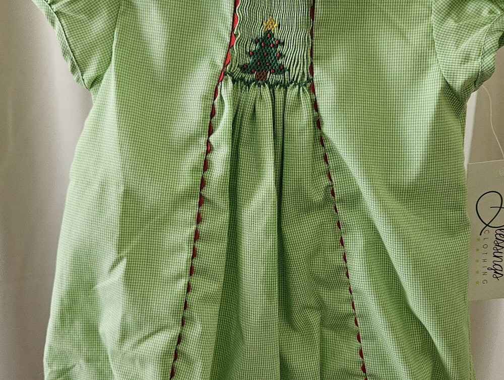 Baby Blessings Green & White Microcheck Smocked Christmas Tree Bubble | Size 6M - Picture 2 of 6